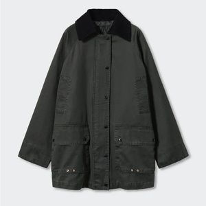 Mango Green Waxed-effect Parka Coat with Black Corduroy Collar